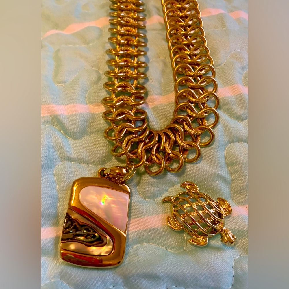 Lia Sophia Pendant Abalone Mother of Pearl Chunky Chain Turtle Pin Brooch